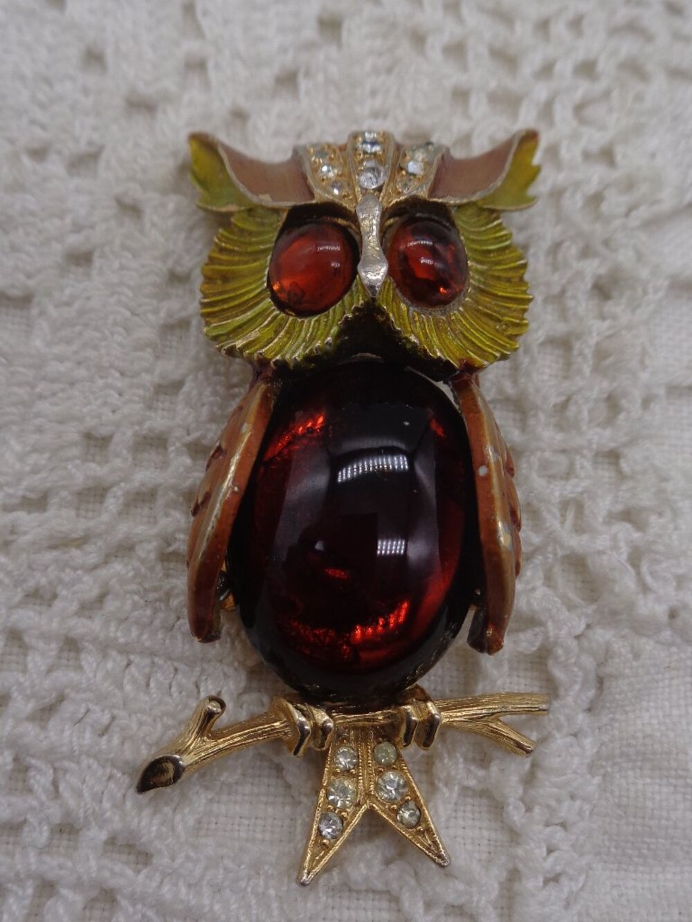 Vintage ART Arthur Pepper Amber Glass & Enamel OWL BROOCH Jelly Belly